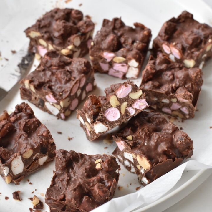 Rocky Road squares on a plate.