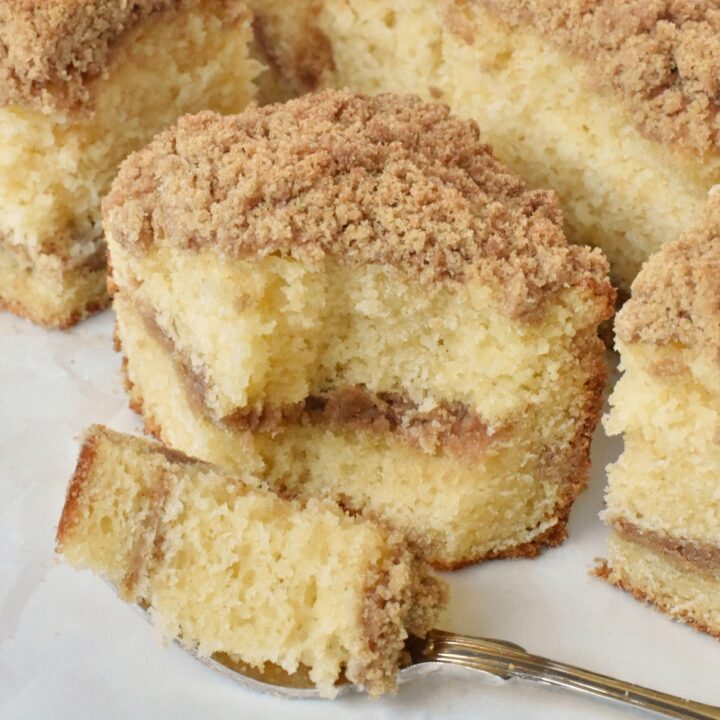 Slice of coffee cake with fork.